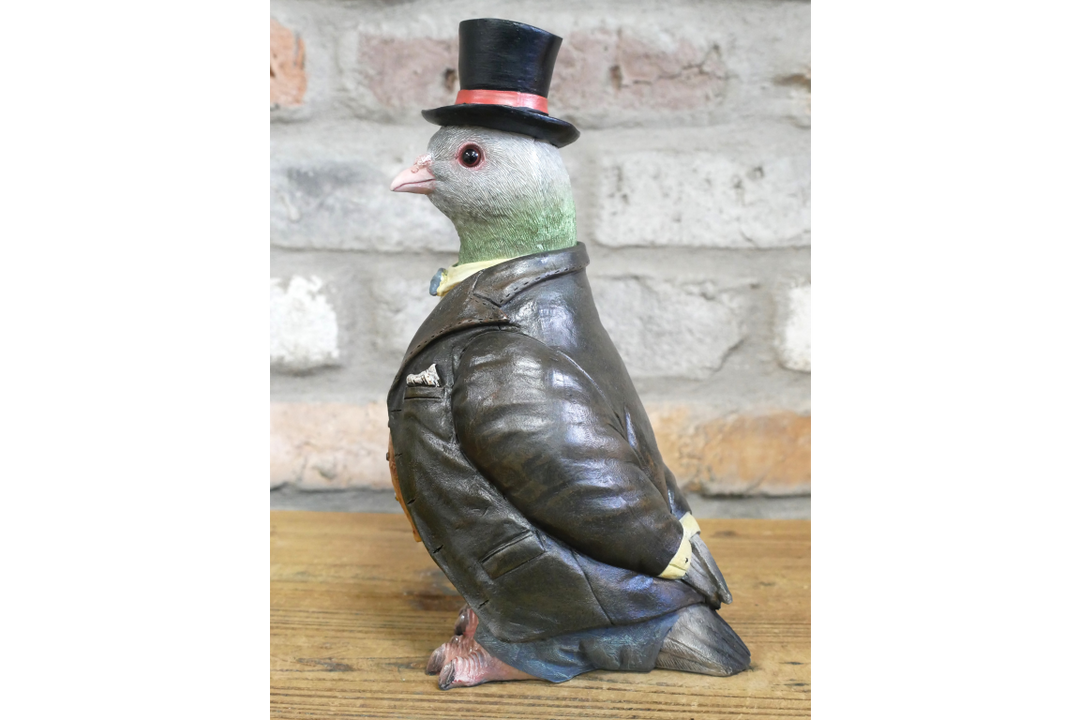 Gentleman Pigeon Figurine Wearing Suit and Hat – Decorative Resin Bird Home Decor