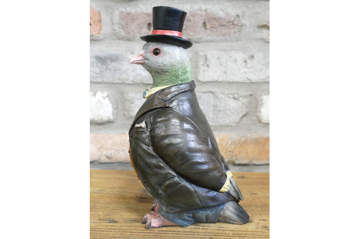 Gentleman Pigeon Figurine Wearing Suit and Hat – Decorative Resin Bird Home Decor