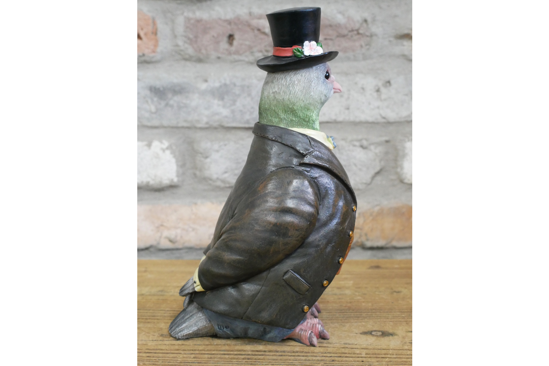 Gentleman Pigeon Figurine Wearing Suit and Hat – Decorative Resin Bird Home Decor