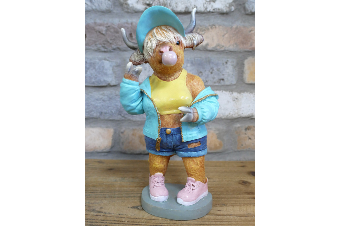 Cool Bubble Gum Cow Statue with Lion Puffer Jacket–Colorful Resin Animal Figurine Home Decor
