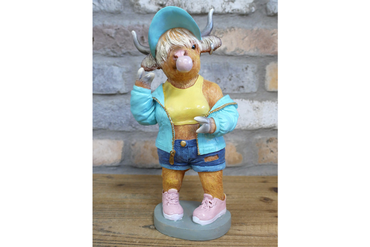 Cool Bubble Gum Cow Statue with Lion Puffer Jacket–Colorful Resin Animal Figurine Home Decor