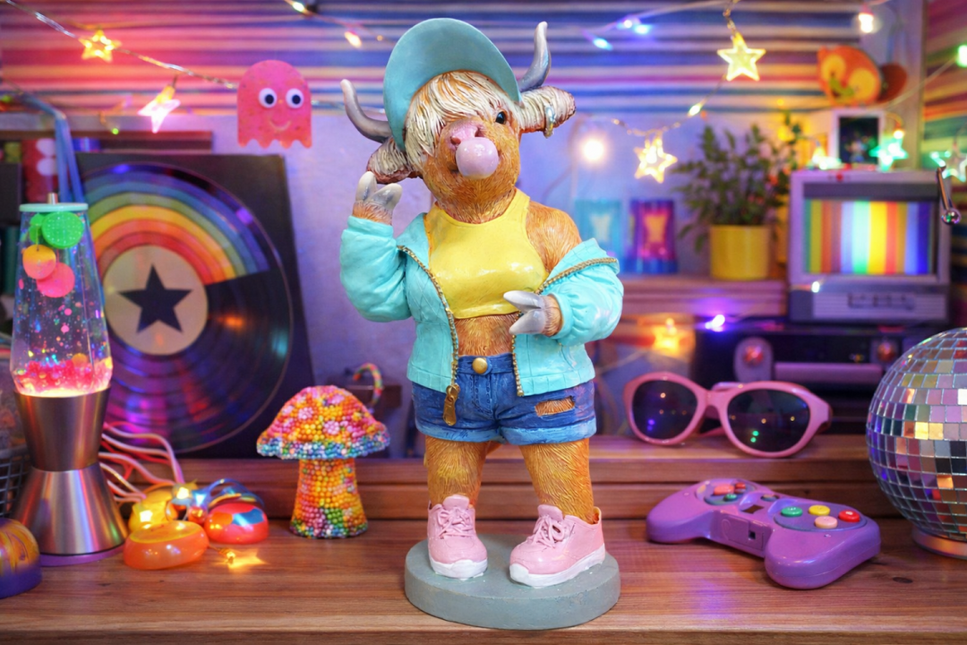 Cool Bubble Gum Cow Statue with Lion Puffer Jacket–Colorful Resin Animal Figurine Home Decor