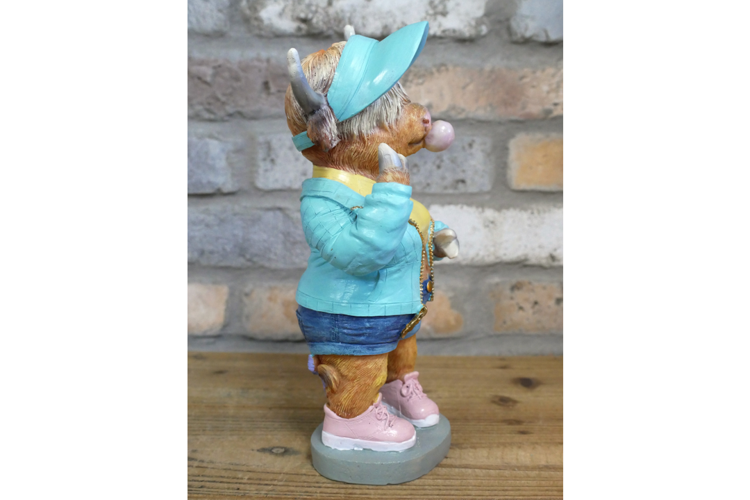 Cool Bubble Gum Cow Statue with Lion Puffer Jacket–Colorful Resin Animal Figurine Home Decor