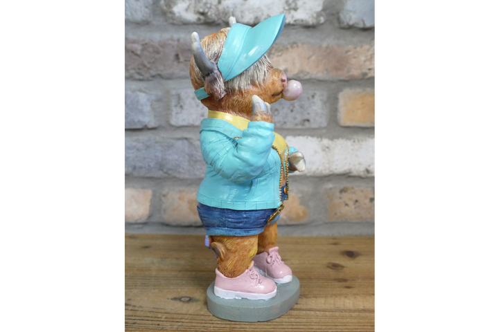 Cool Bubble Gum Cow Statue with Lion Puffer Jacket–Colorful Resin Animal Figurine Home Decor