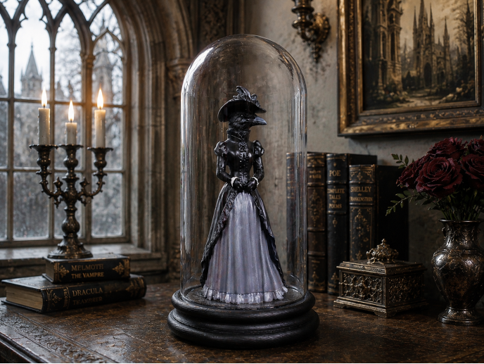 Crow Lady & Crow Gentleman in Glass Dome – Gothic Decorative Collectible Display Set