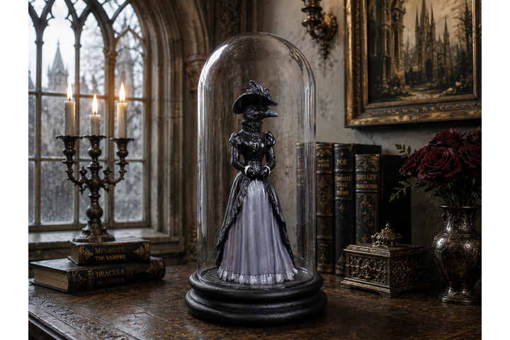 Crow Lady & Crow Gentleman in Glass Dome – Gothic Decorative Collectible Display Set