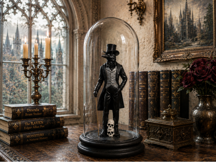 Crow Lady & Crow Gentleman in Glass Dome – Gothic Decorative Collectible Display Set