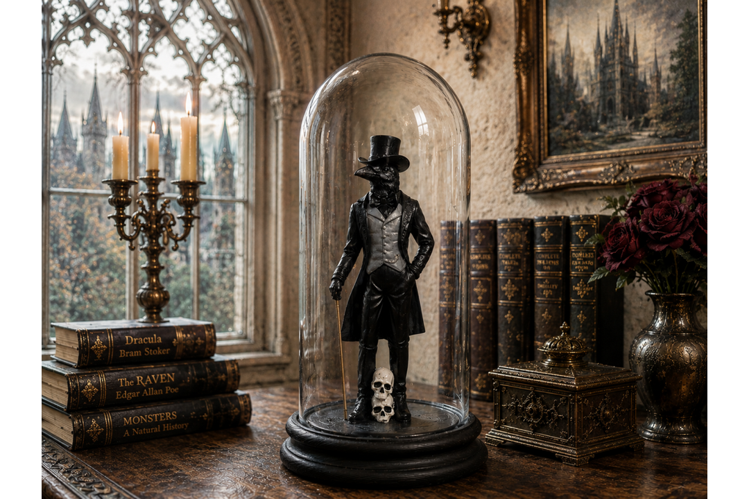 Crow Lady & Crow Gentleman in Glass Dome – Gothic Decorative Collectible Display Set