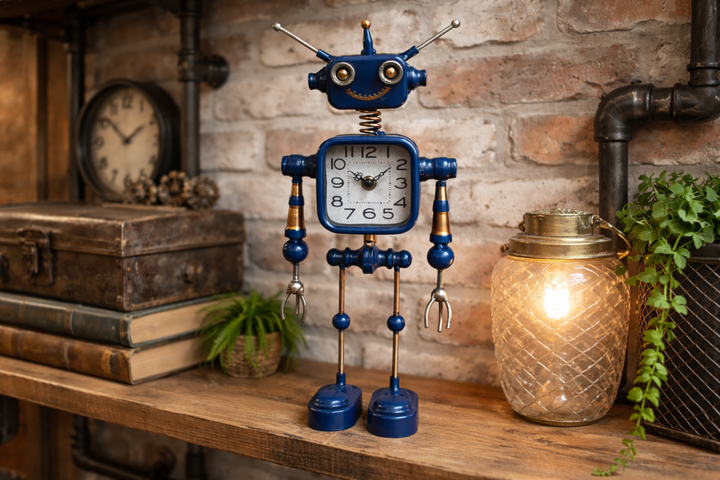Robot Style Decorative Clock – Blue & Red Retro Robot Table Clock
