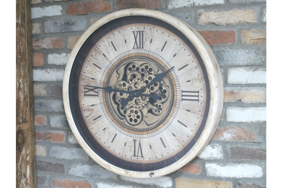 White & Gold Pine Wood Cog Wall Clock with Roman Numerals – Large Statement Décor Timepiece