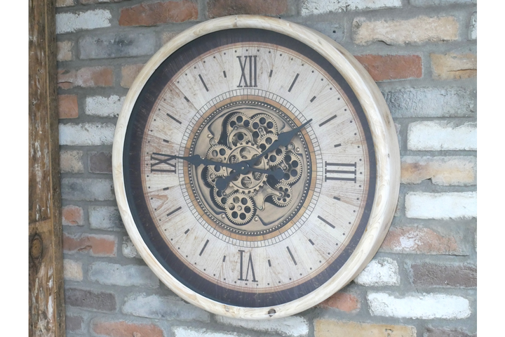 White & Gold Pine Wood Cog Wall Clock with Roman Numerals – Large Statement Décor Timepiece
