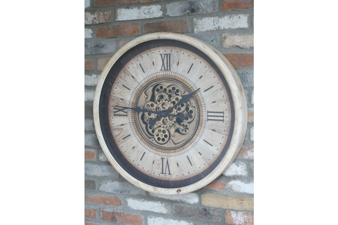 White & Gold Pine Wood Cog Wall Clock with Roman Numerals – Large Statement Décor Timepiece