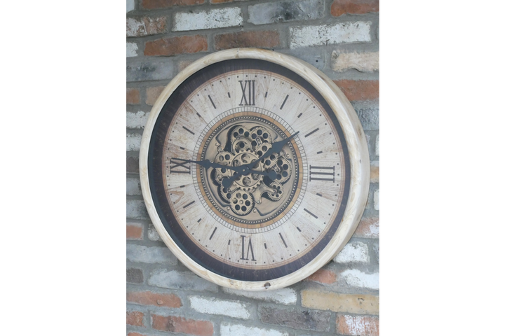 White & Gold Pine Wood Cog Wall Clock with Roman Numerals – Large Statement Décor Timepiece