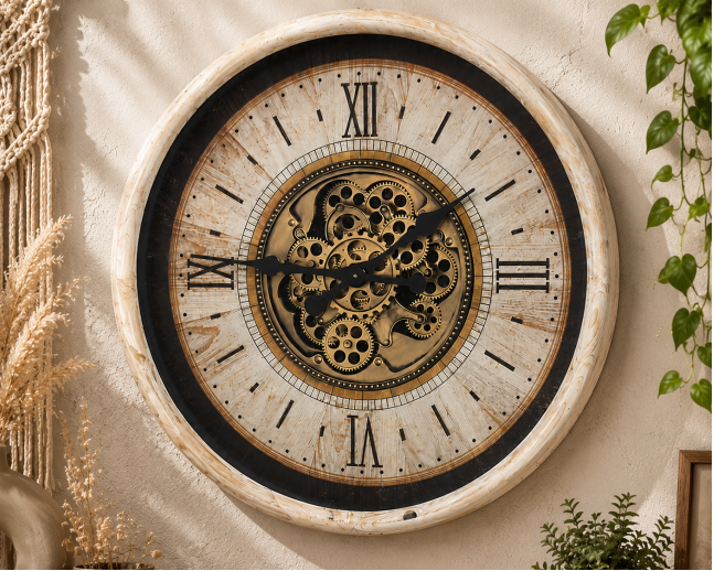 White & Gold Pine Wood Cog Wall Clock with Roman Numerals – Large Statement Décor Timepiece