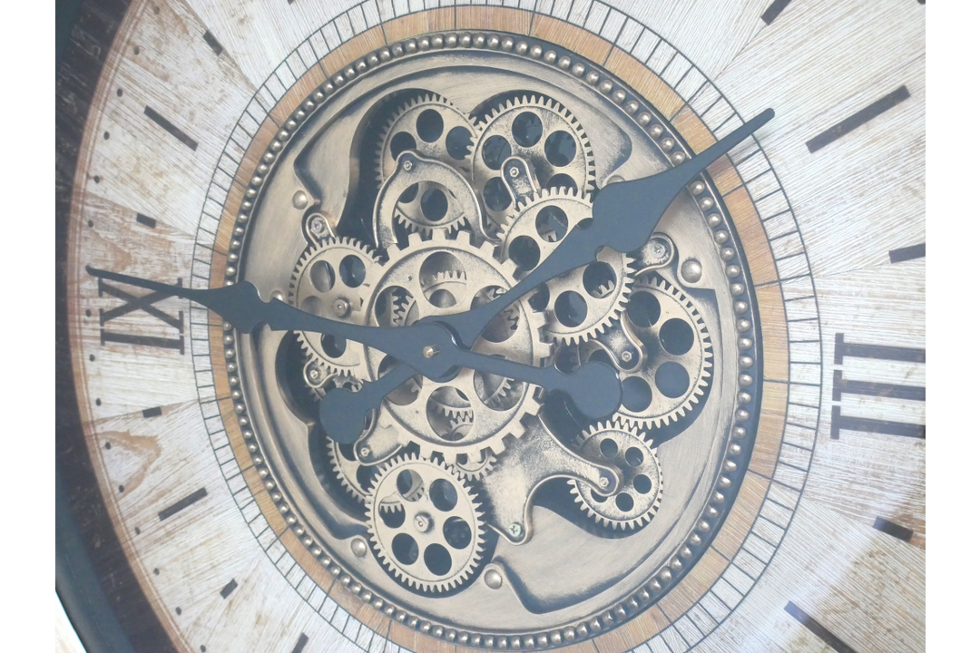 White & Gold Pine Wood Cog Wall Clock with Roman Numerals – Large Statement Décor Timepiece