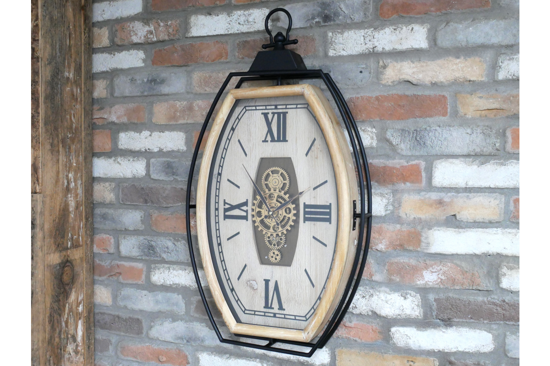 Black Trim & Pine Wood Cog Wall Clock with Roman Numerals – Large Rustic Statement Décor Timepiece
