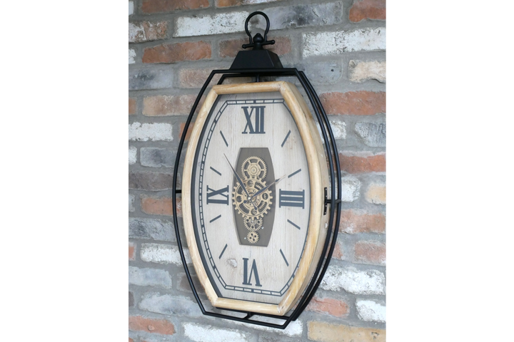 Black Trim & Pine Wood Cog Wall Clock with Roman Numerals – Large Rustic Statement Décor Timepiece