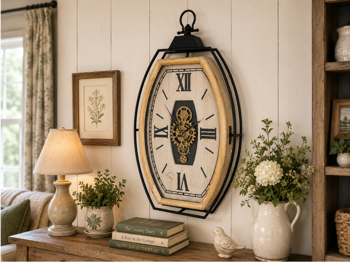 Black Trim & Pine Wood Cog Wall Clock with Roman Numerals – Large Rustic Statement Décor Timepiece
