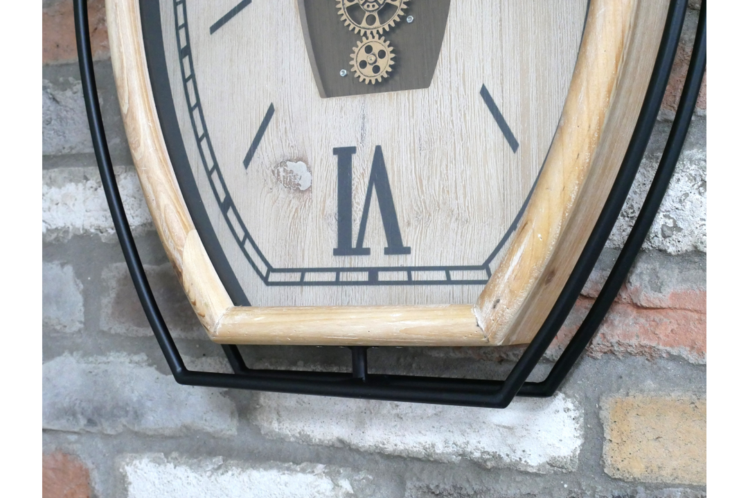 Black Trim & Pine Wood Cog Wall Clock with Roman Numerals – Large Rustic Statement Décor Timepiece