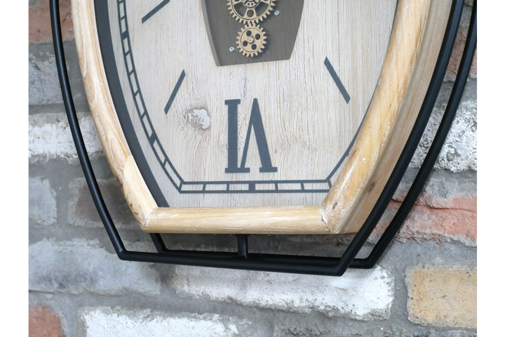 Black Trim & Pine Wood Cog Wall Clock with Roman Numerals – Large Rustic Statement Décor Timepiece