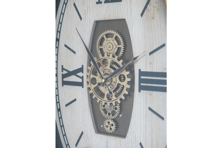 Black Trim & Pine Wood Cog Wall Clock with Roman Numerals – Large Rustic Statement Décor Timepiece