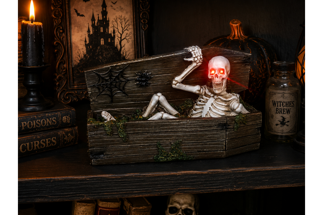 Skeleton in a Coffin Ornament – Gothic Halloween Skeleton Display Décor