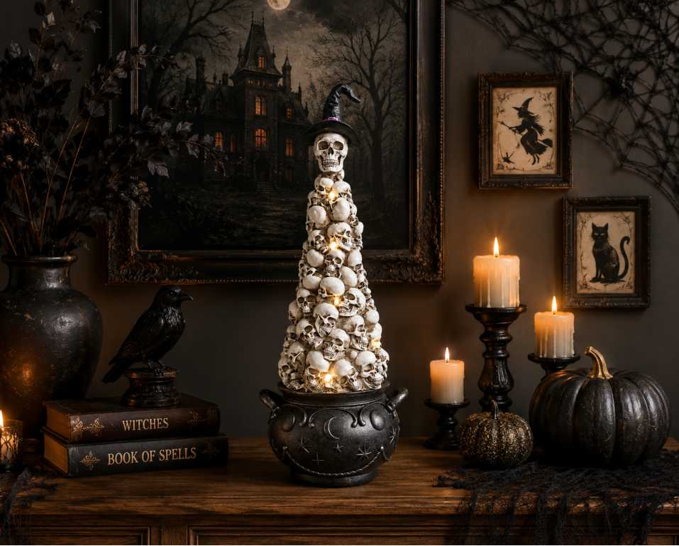 Skulls in Cauldron Ornament – Gothic Halloween Skull Cauldron Décor