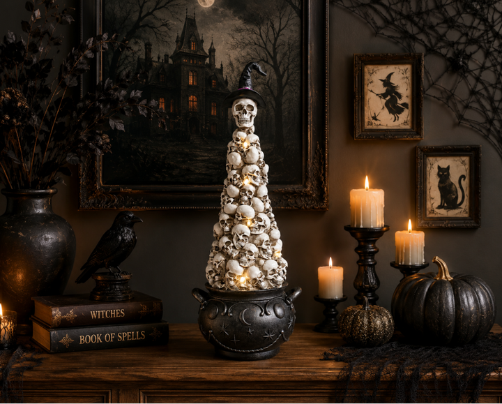Skulls in Cauldron Ornament – Gothic Halloween Skull Cauldron Décor