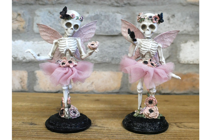 A set of Ballet Skeleton Figurine with Pink Tutu & Floral Details – Gothic Ballet Dancer Decor, Spooky Chic Home Ornament