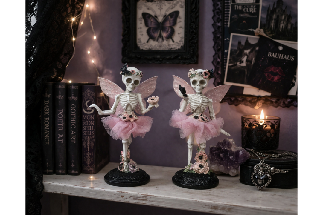 A set of Ballet Skeleton Figurine with Pink Tutu & Floral Details – Gothic Ballet Dancer Decor, Spooky Chic Home Ornament