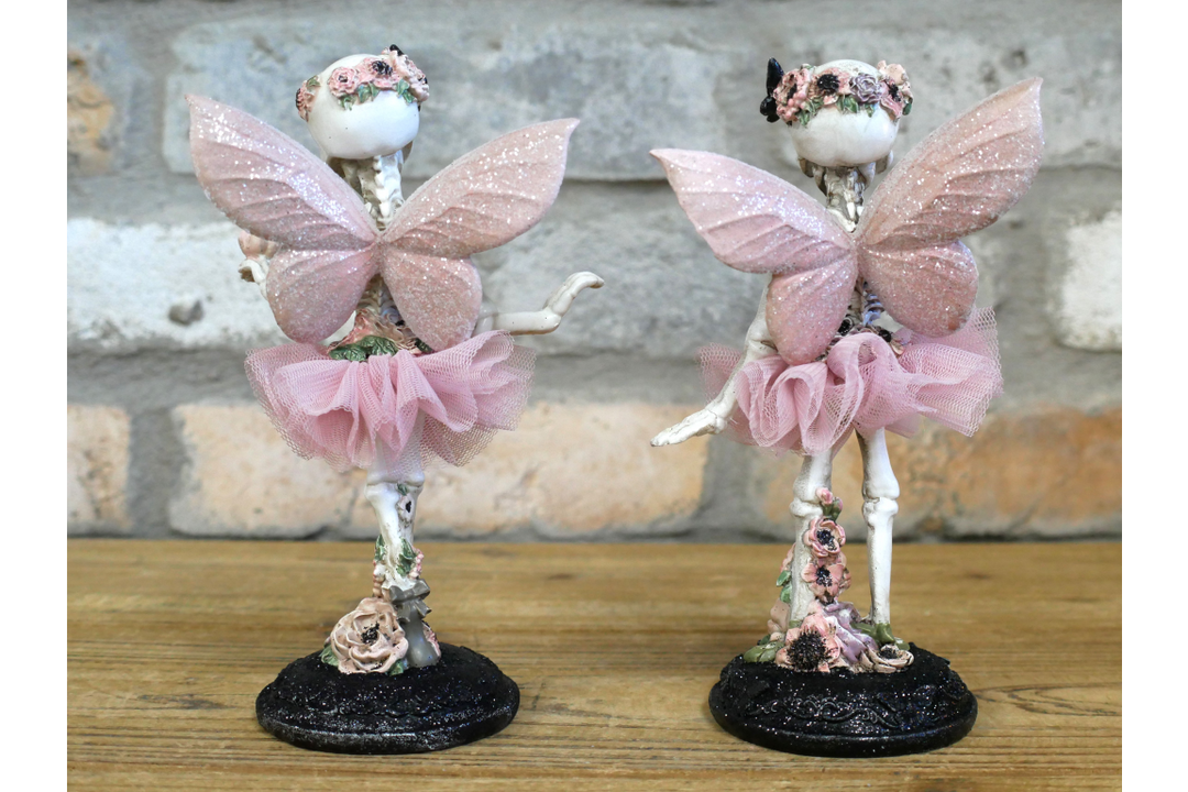 A set of Ballet Skeleton Figurine with Pink Tutu & Floral Details – Gothic Ballet Dancer Decor, Spooky Chic Home Ornament