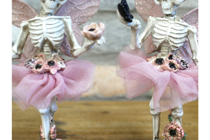 A set of Ballet Skeleton Figurine with Pink Tutu & Floral Details – Gothic Ballet Dancer Decor, Spooky Chic Home Ornament