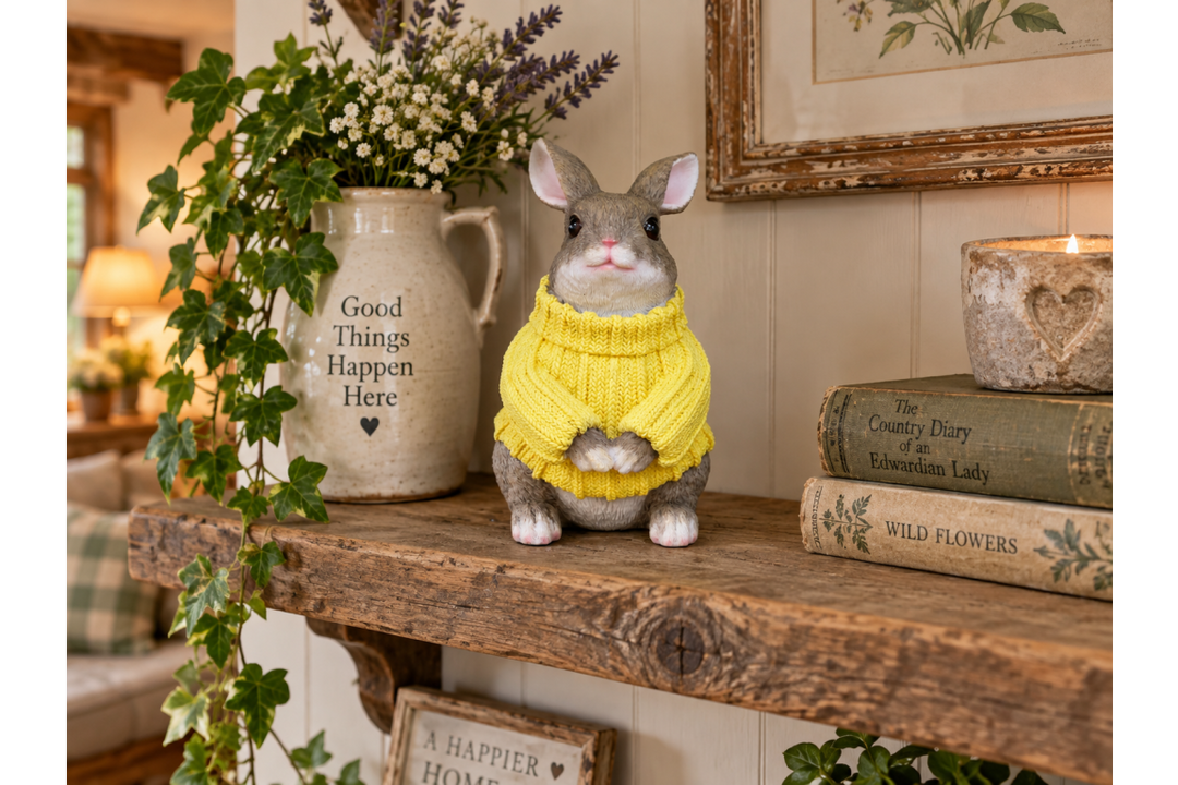Winter Rabbit in Yellow Sweater Ornament – Cute Seasonal Rabbit Figurine & Christmas Décor