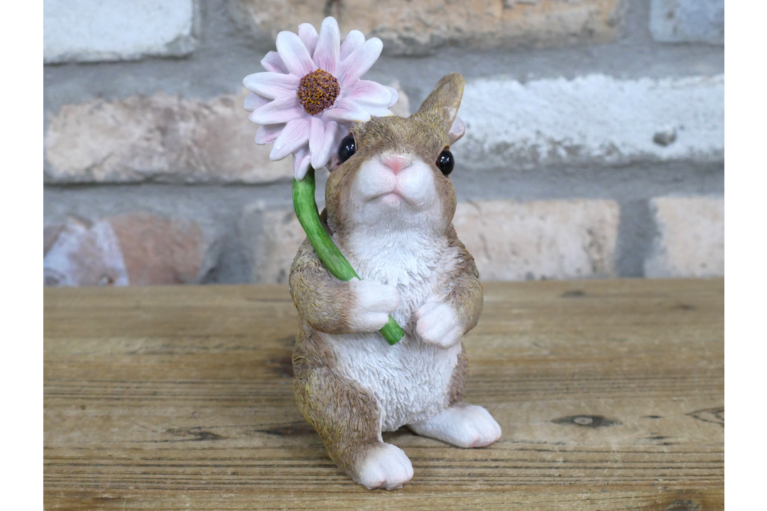 Rabbit with Flower Ornament – Cute Woodland Animal Figurine & Charming Home Décor