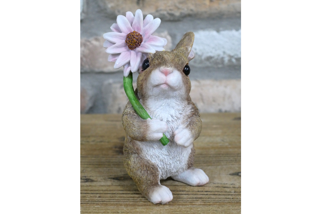 Rabbit with Flower Ornament – Cute Woodland Animal Figurine & Charming Home Décor