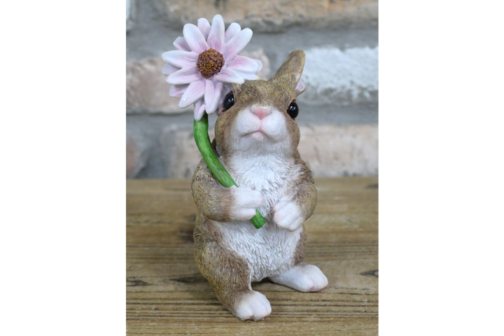 Rabbit with Flower Ornament – Cute Woodland Animal Figurine & Charming Home Décor
