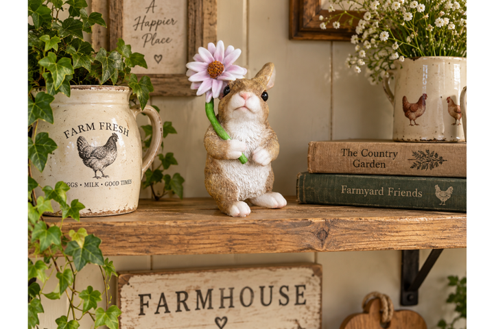 Rabbit with Flower Ornament – Cute Woodland Animal Figurine & Charming Home Décor