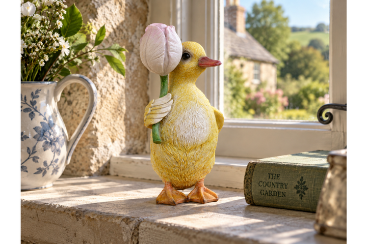Duck with Flower Ornament – Cute Farmyard Bird Figurine & Charming Home Décor