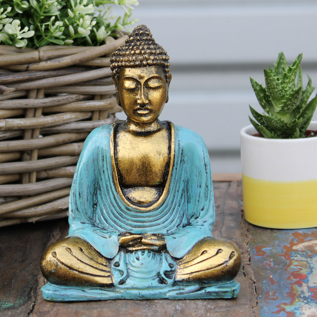 Teal & Gold Buddha & Red Buddha Candle Holder Statue  | Resin Meditation Figurine