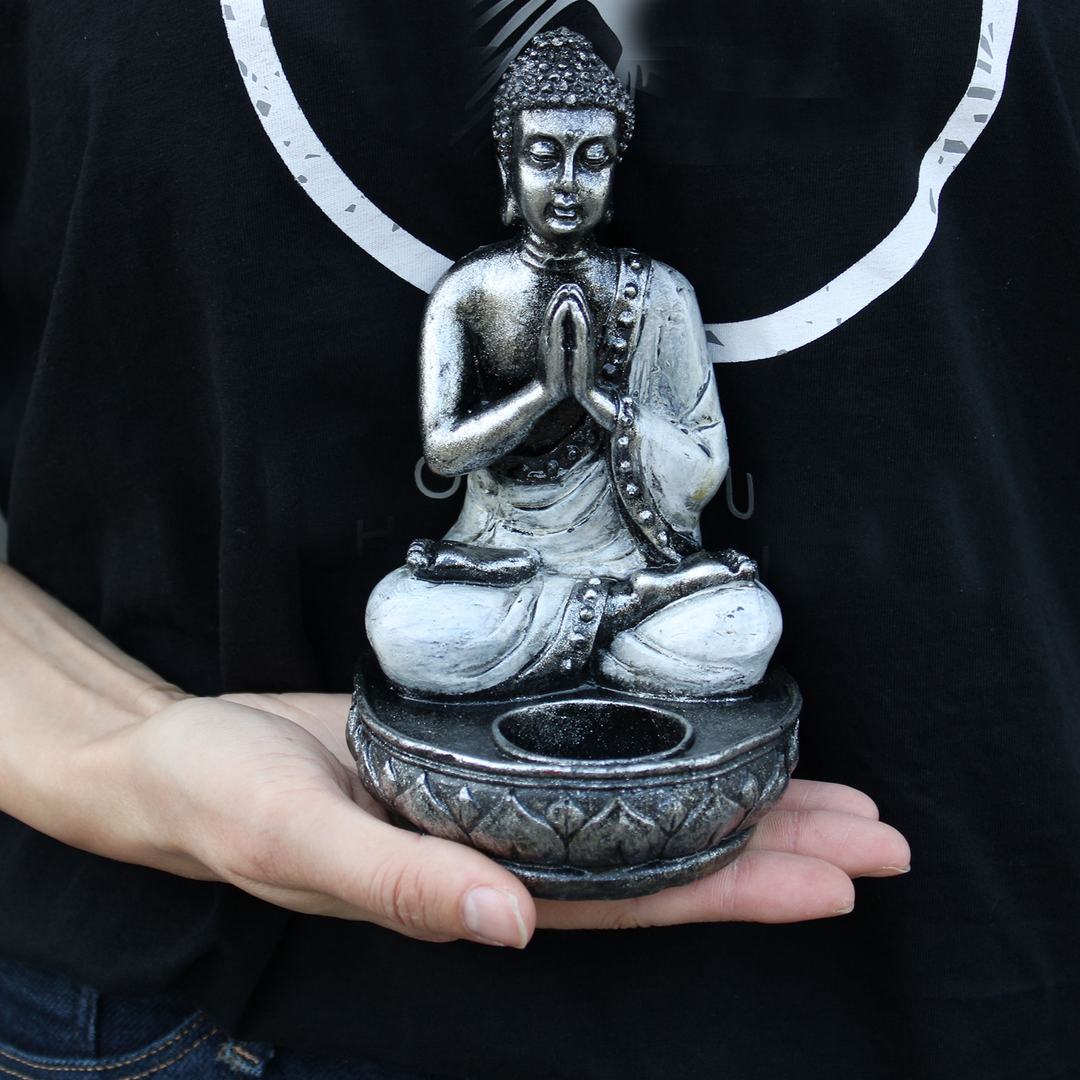 Teal & Gold Buddha & Red Buddha Candle Holder Statue  | Resin Meditation Figurine