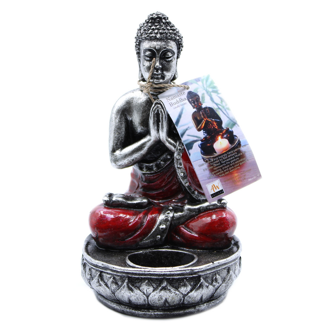Teal & Gold Buddha & Red Buddha Candle Holder Statue  | Resin Meditation Figurine