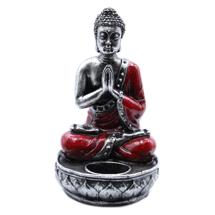 Teal & Gold Buddha & Red Buddha Candle Holder Statue  | Resin Meditation Figurine