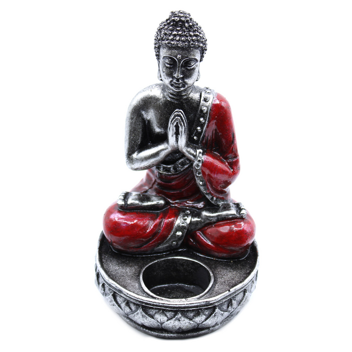 Teal & Gold Buddha & Red Buddha Candle Holder Statue  | Resin Meditation Figurine