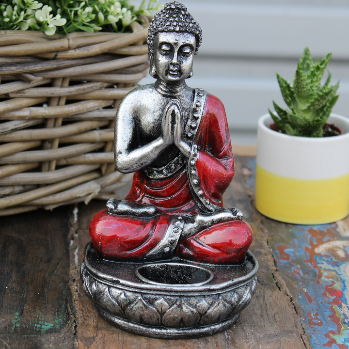 Teal & Gold Buddha & Red Buddha Candle Holder Statue  | Resin Meditation Figurine