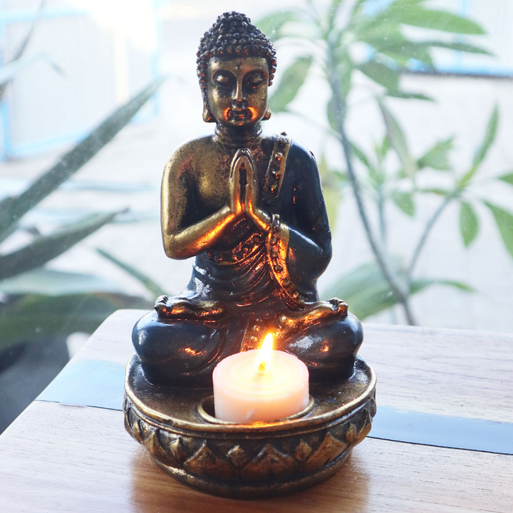 Teal & Gold Buddha & Red Buddha Candle Holder Statue  | Resin Meditation Figurine