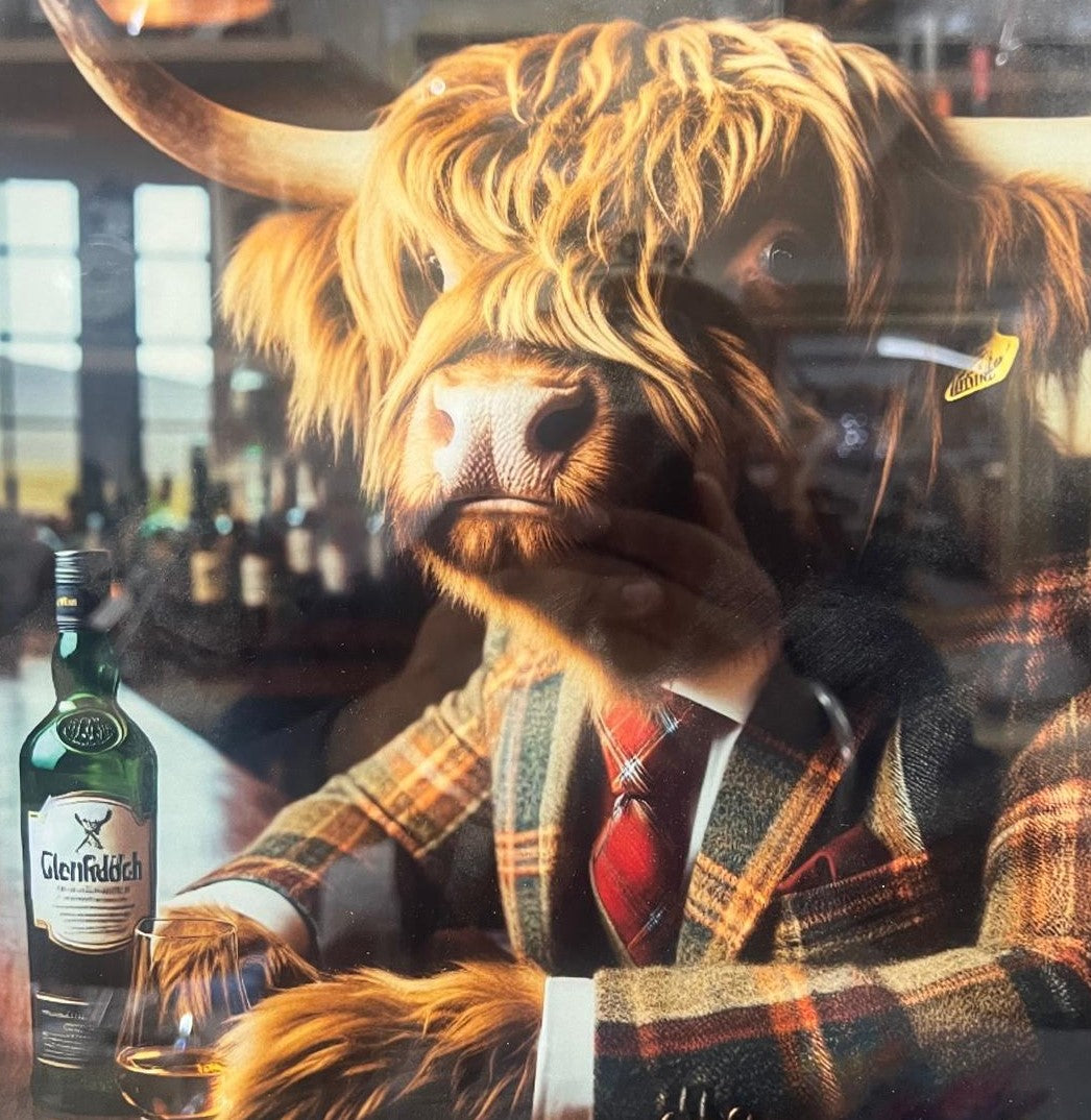 Highland Cow black frame picture, Glenfiddich bottle & glass in a bar