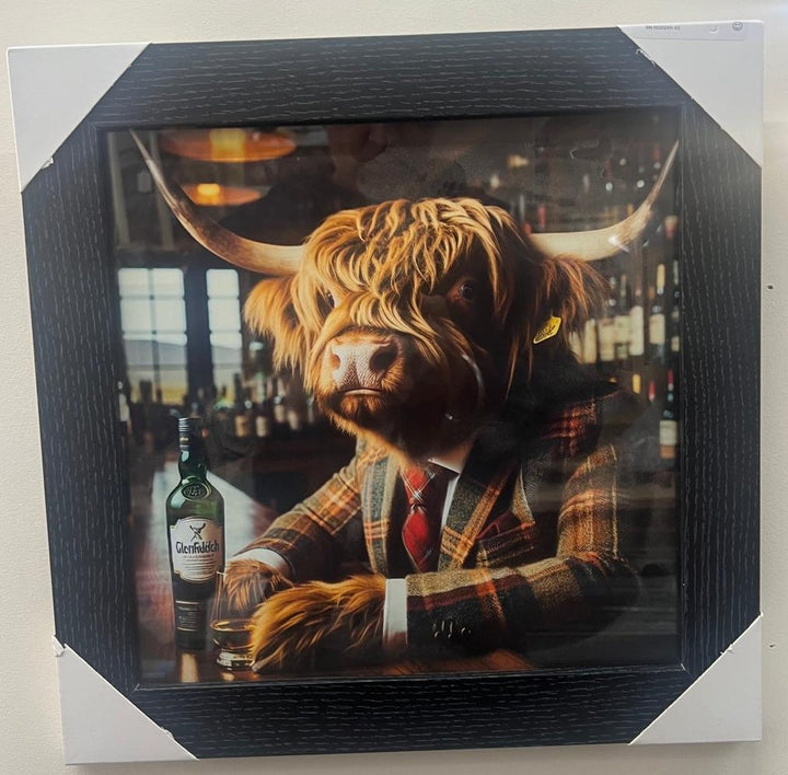 Highland Cow black frame picture, Glenfiddich bottle & glass in a bar