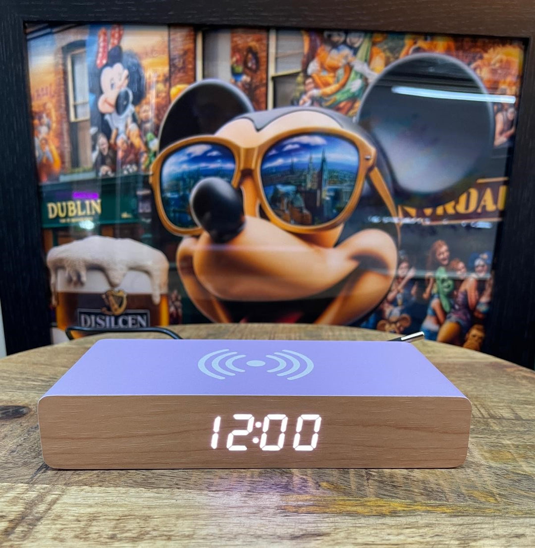 Purple wireless phone charger, alarm clock,date & temperature display
