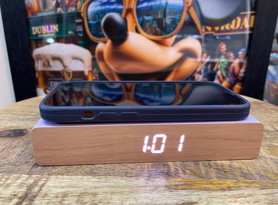 Purple wireless phone charger, alarm clock,date & temperature display