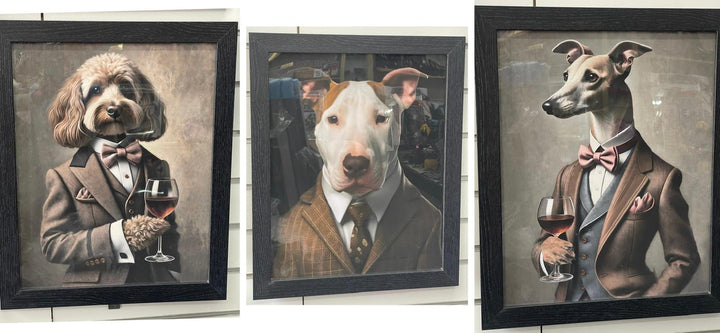 Black framed Whippet dog in a brown suit Glass of wine picture